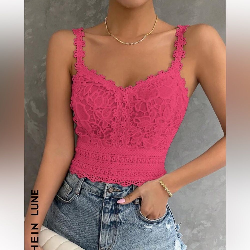 Solid Pink Lace Crochet Trim Fitted Camisole Top Size Small 6 New!